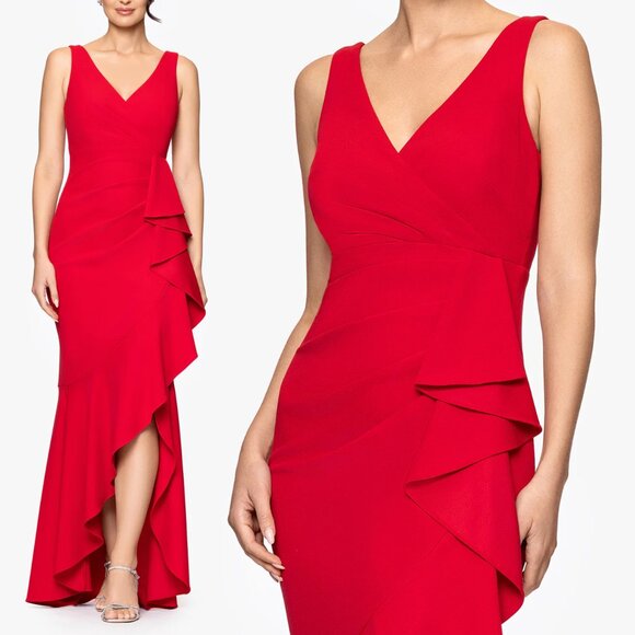 NEW Betsy Adam "Candace" Long V- Neck Hi Low Cascade Dress Red Size 14 USA $249 - Picture 1 of 16